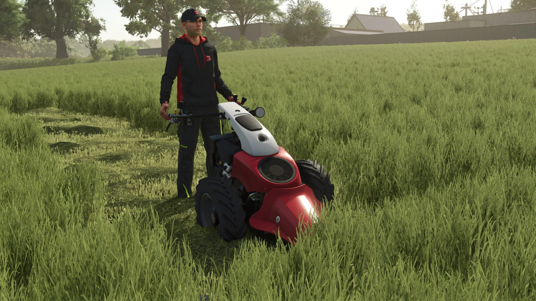Farming Simulator 25 mod: Aebi CC66 v1.0.0.0 tractor working in a lush green field with a farmer character.
