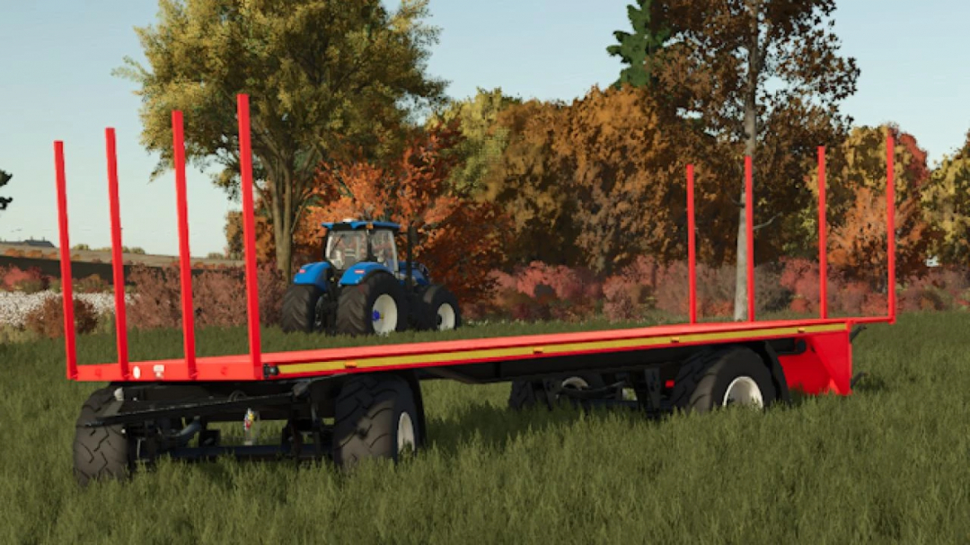 Farm simulator mod: large red agricultural trailer with a blue tractor in the background, autumn trees, and grass.