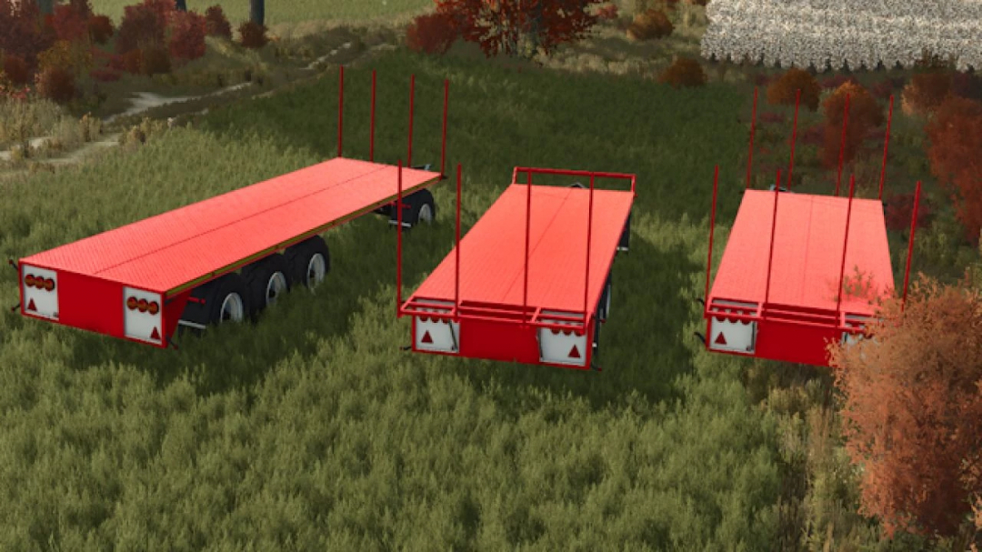 Farming Simulator 25 mods: Agpro Pack v1.0.0.0 trailers with flatbed design for transporting crops and equipment.