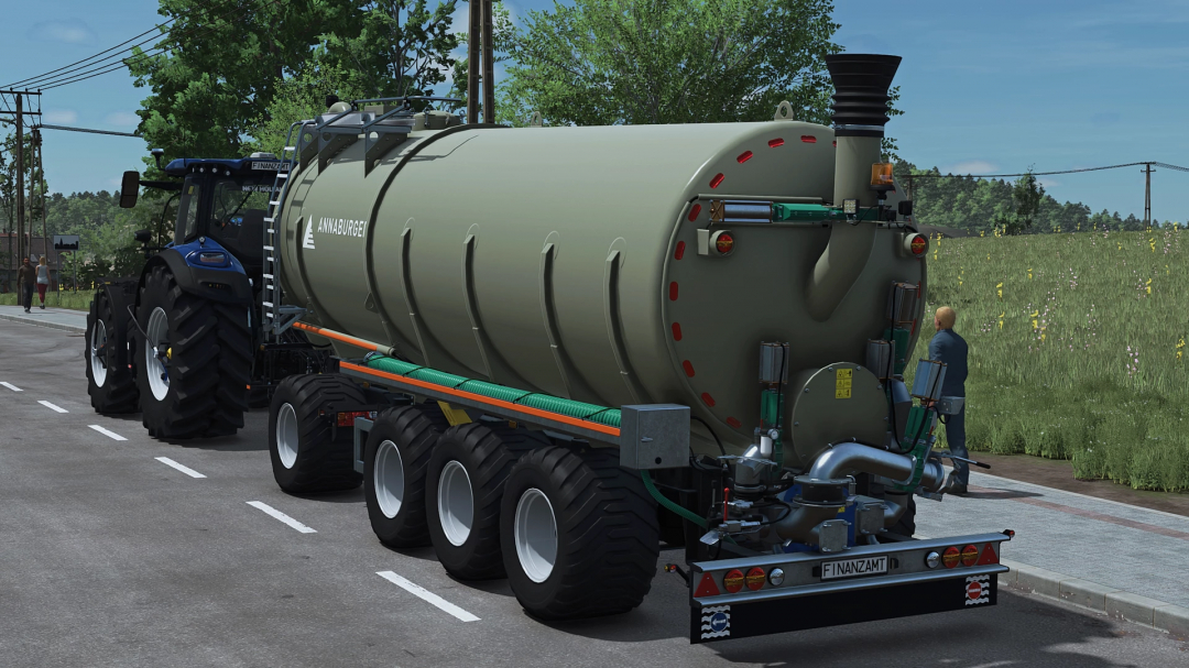 Farming Simulator 25 mod: Agro Zubringer tanker trailer attached to a tractor on the road, used for liquid transport in FS25.