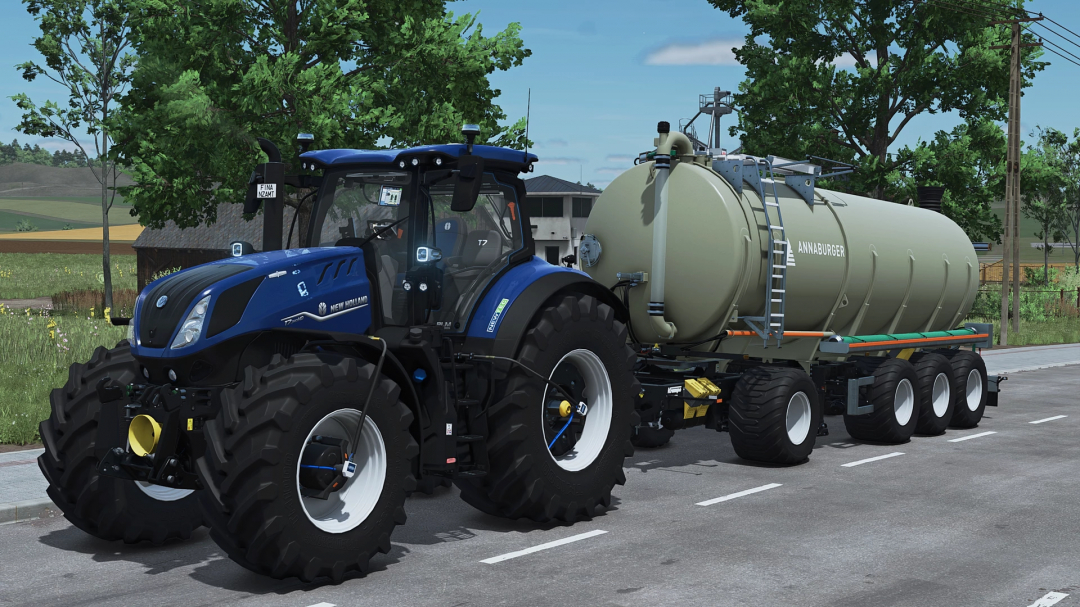Farming Simulator 25 mod featuring a blue New Holland tractor attached to an Annaburger tanker trailer, part of FS25 mods collection.