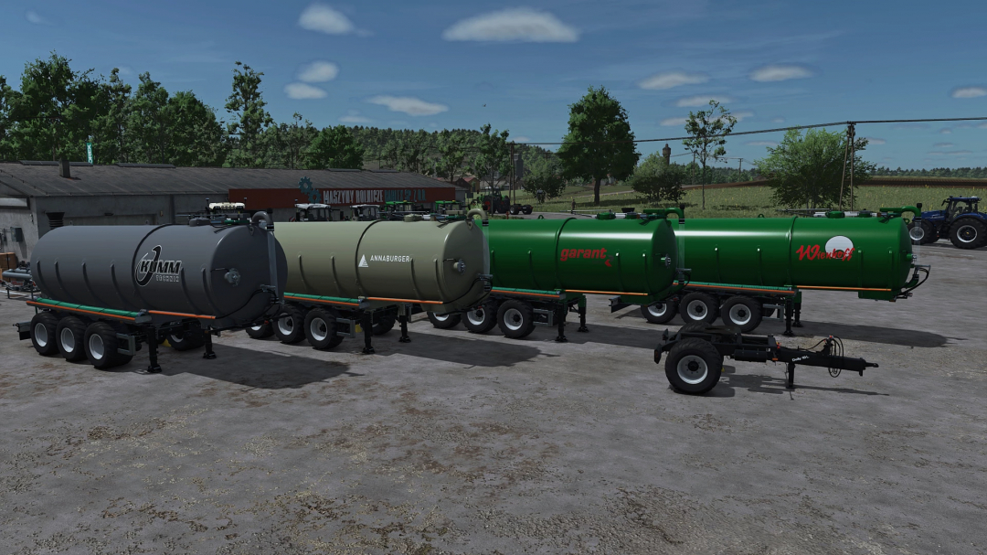 Four different colored tanker trailers for Farming Simulator 25, showcasing FS25 mods for the Agro Zubringer v1.0.0.0 mod.
