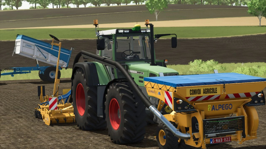 Farming Simulator 25 mod featuring the Alpego ASmaX 4m Pack in action with a tractor working on tilled soil.