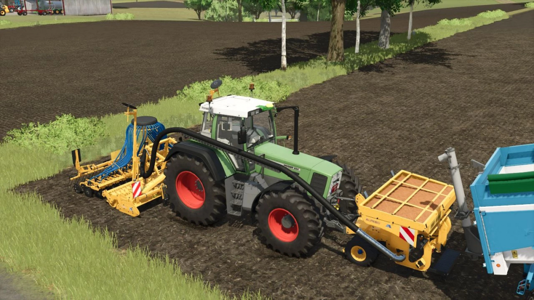 Farming Simulator 25 mod: green tractor attached to the Alpego ASmaX 4m Pack v1.0.0.0 seed drill in a farm field.