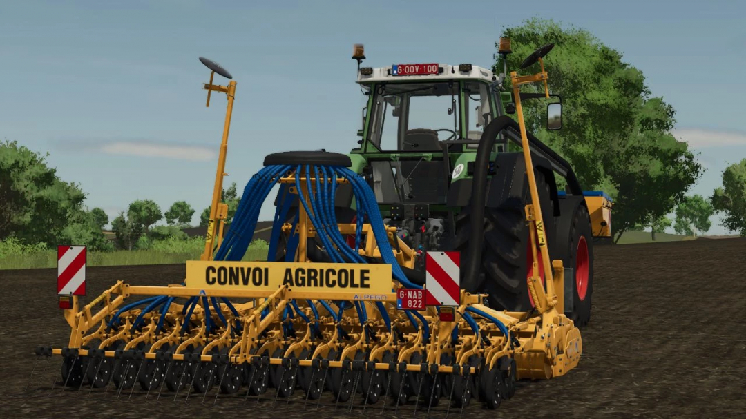 Farming Simulator 25 mod featuring the Alpego ASmaX 4m Pack implement with hydraulic hoses and farm machinery, suitable for agricultural tasks.