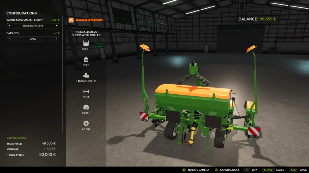 Farming Simulator 25 mod: Amazone Precea 4500-2C seed planter with roller, 5000L capacity, 110KW, 25km/h, features in a game warehouse.
