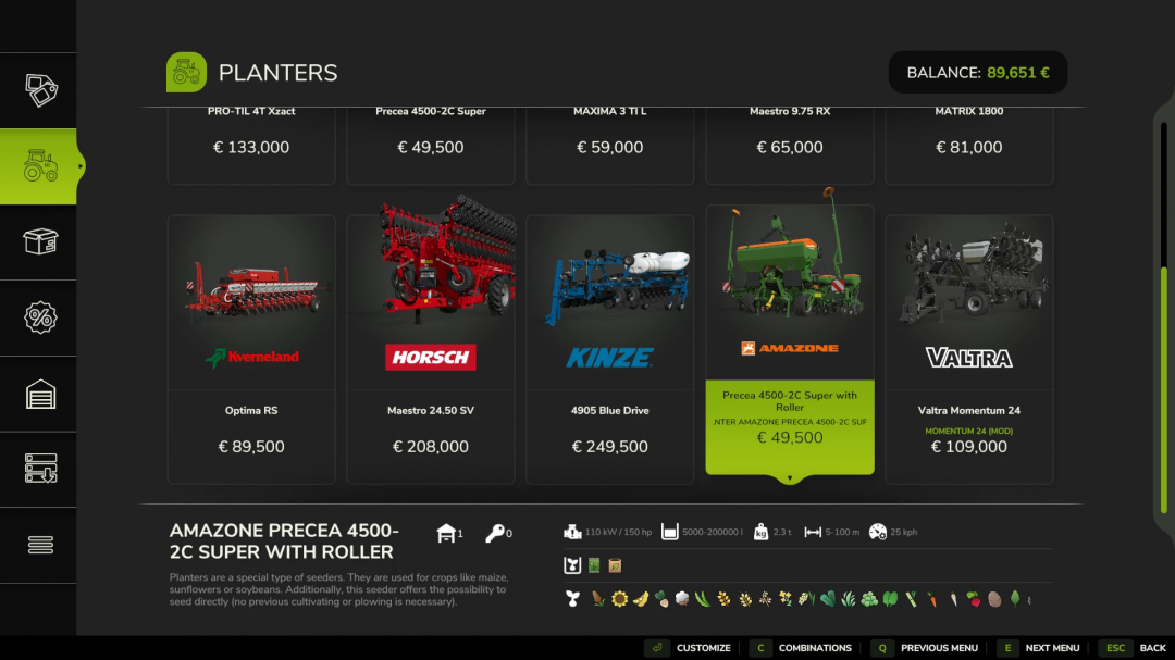 Farming Simulator 25 mod: Amazone MultiCrop Planter and Roller v1.0.0.0 on the in-game equipment menu.