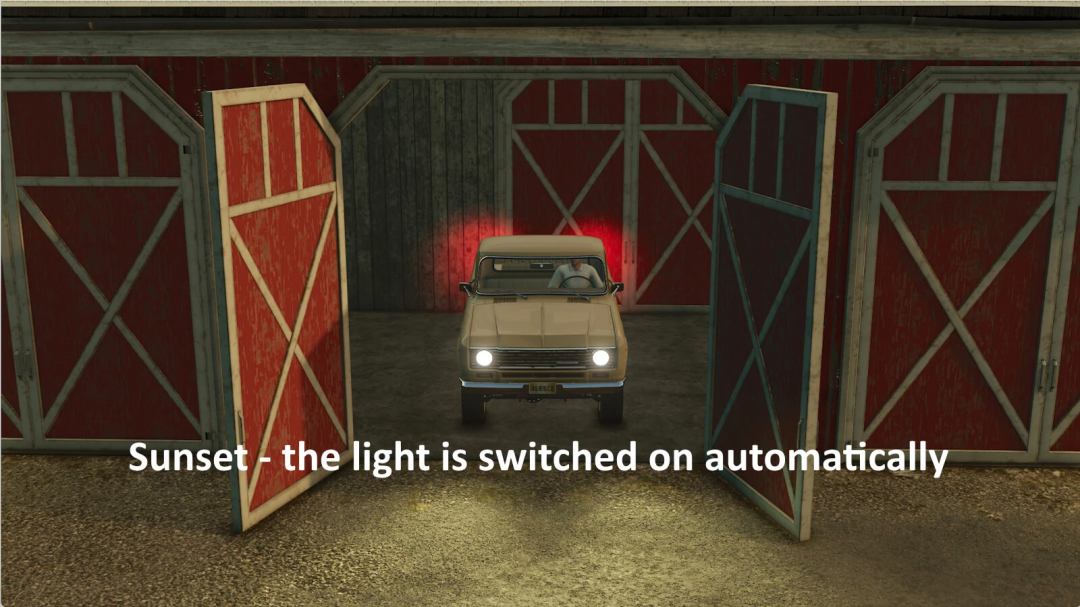 Farming Simulator 25 mod showing a vehicle with automatic light switching at sunset, with red lights on inside the barn.