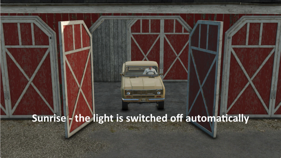 Farming Simulator 25 mod: Vintage van inside a barn with open red doors, caption about automatic light switch off at sunrise.