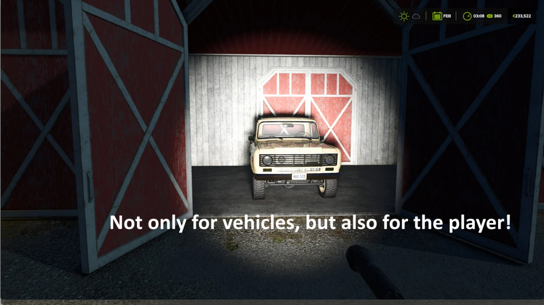 In-game garage scene from Farming Simulator 25 showing a vehicle and the message 'Not only for vehicles, but also for the player!' for FS25 mods.