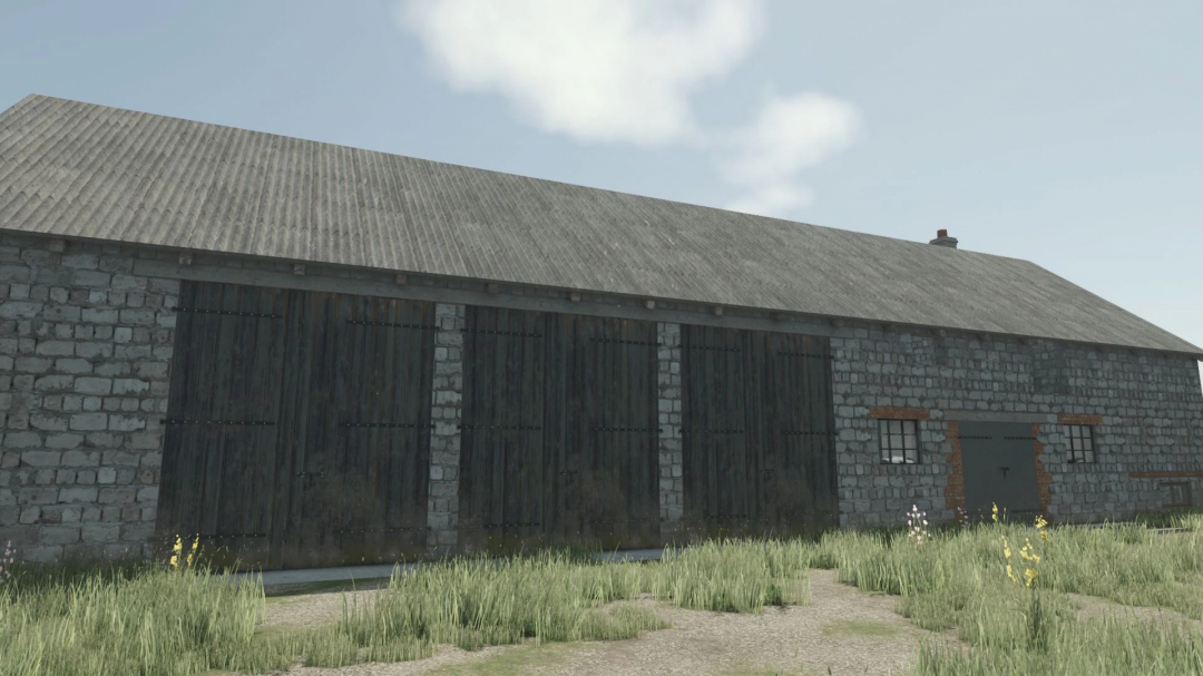 Barn with cowshed in Farming Simulator 25, featuring stone walls, a corrugated roof, and wooden sliding doors, from FS25 mods.