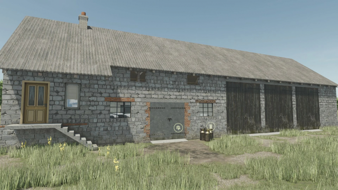 Barn with cowshed mod in Farming Simulator 25, featuring stone walls, wooden doors, windows, and barrels in front, part of FS25 mods.