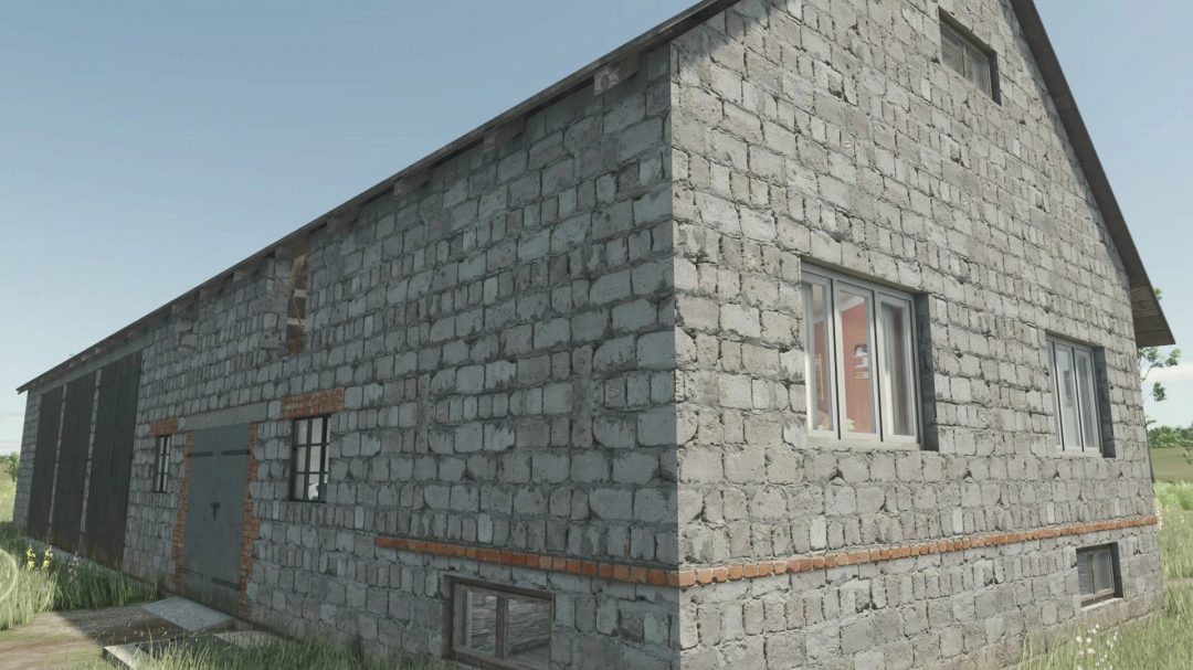 A stone barn with windows from Farming Simulator 25 featuring the Barn With Cowshed v1.0.0.0 mod, ideal for farming environments.
