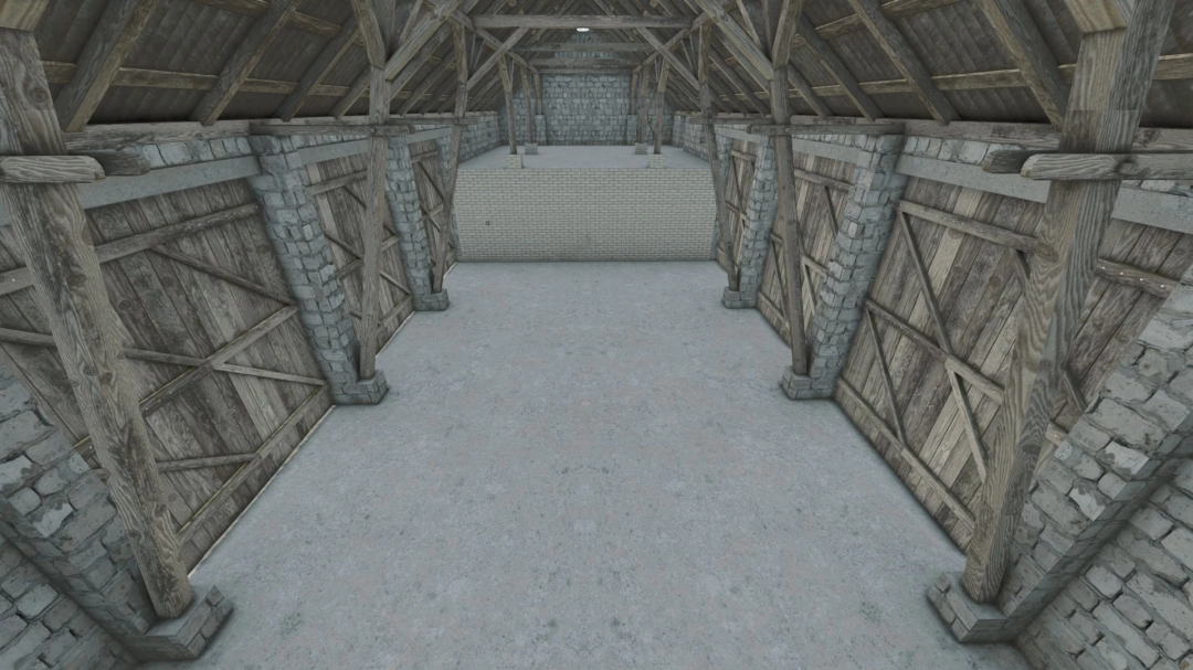 Barn with a cowshed mod in Farming Simulator 25, featuring wooden doors and stone walls, ideal for FS25 mods enthusiasts.