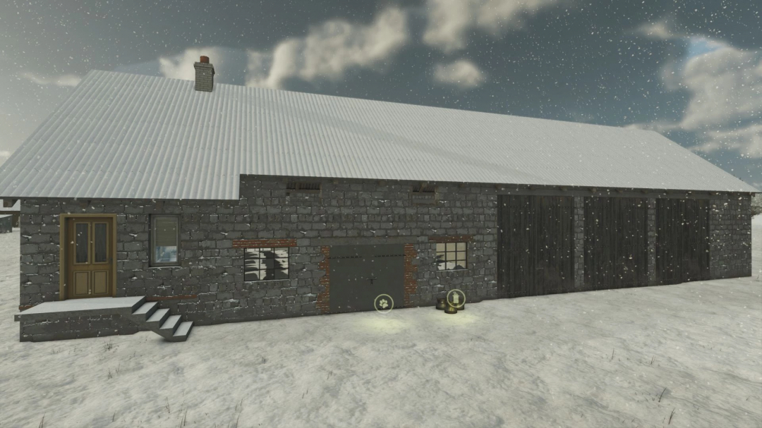 Farm building in snowy landscape from Farming Simulator 25 with barn and cowshed mod, FS25 mods.