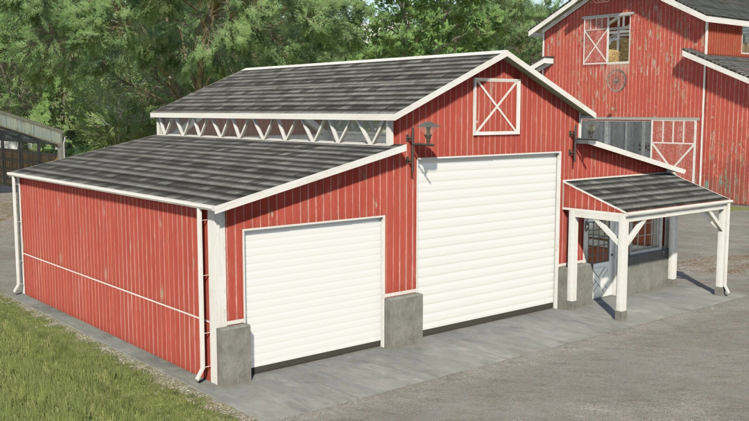 Red barn in Farming Simulator 25 with white garage doors, small entry door, and outdoor lighting, representing FS25 mods.