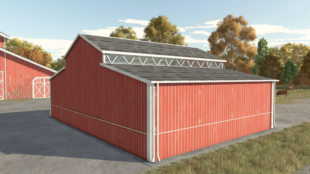 Red barn with metal roof and structural trusses, part of Farming Simulator 25 mods, in a farm setting with trees and horses in the background.