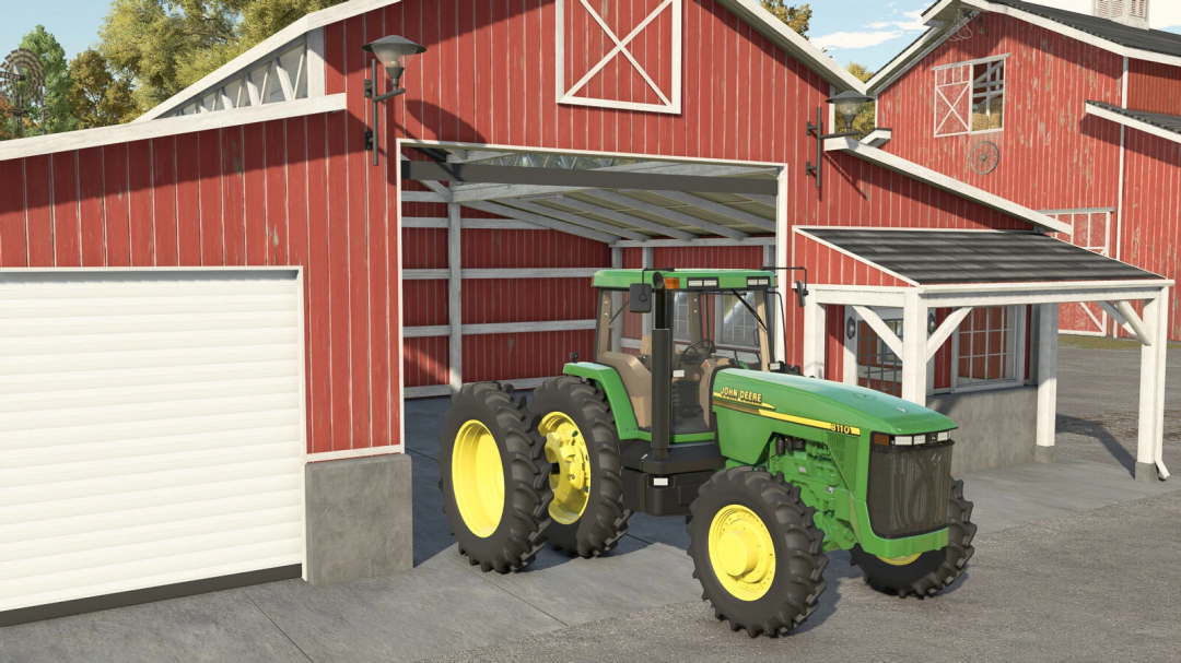 Farming Simulator 25 mod: John Deere 8110 tractor parked inside a red barn with a sheltered area for farming activities, part of FS25 mods.
