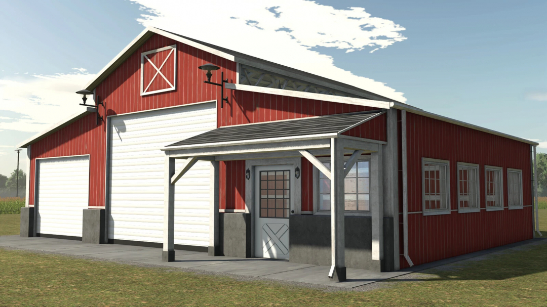 Red barn with white garage doors and a small covered entrance, from Farming Simulator 25 mods, featuring the Basic Garage v1.0.0.0.