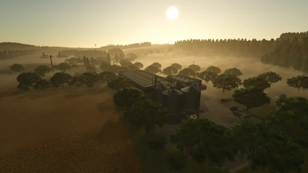A scenic view of a farm with silos and trees at sunset, featuring mods from Farming Simulator 25, including the Bergblick Map v1.0.5.0.