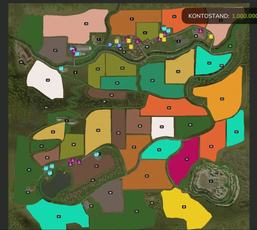 Map of Farming Simulator 25 with colored fields and icons, showing the Bergblick Map v1.0.5.0 mod for FS25 mods.