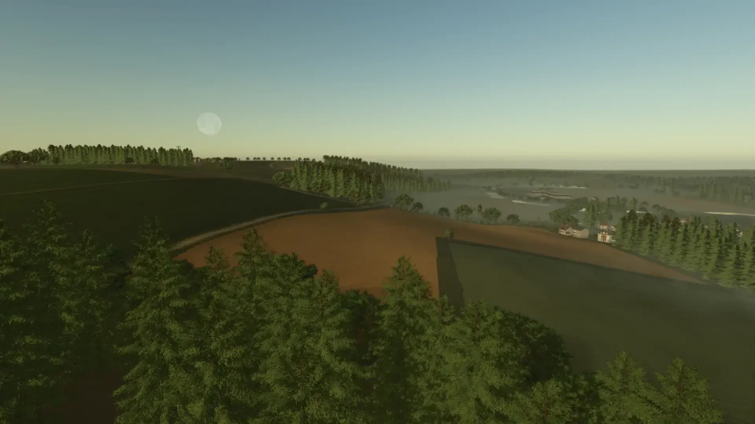 Scenic view of rolling hills and forests in Farming Simulator 25 with the Bergblick Map v1.0.5.0 mod installed, showcasing rural landscapes.