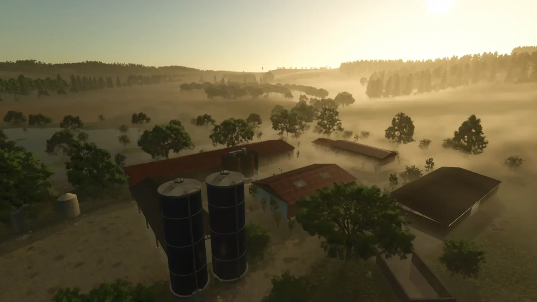 Farming Simulator 25 mod: Bergblick Map v1.0.5.0 showing a foggy farm landscape with barns, silos, and trees.