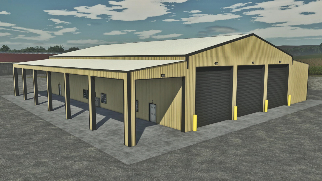 Big Drive Thru Garage in Farming Simulator 25 with multiple large doors, yellow metal exterior, suitable for FS25 mods.