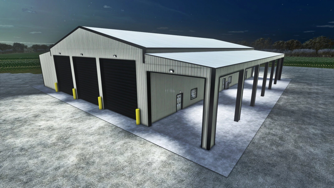 Farming Simulator 25 mod: Big Drive Thru Garage v1.0.0.0, large industrial building with three black roll-up doors, night scene.