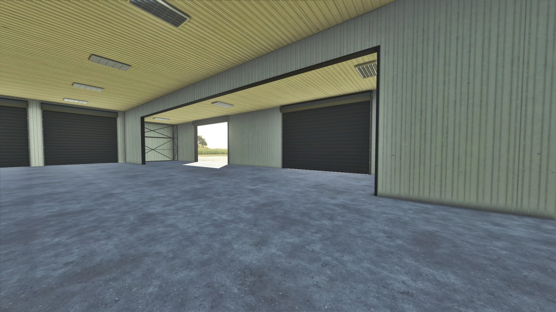 Farming Simulator 25 mod: Large drive-thru garage with multiple roller doors, suitable for FS25 mods.