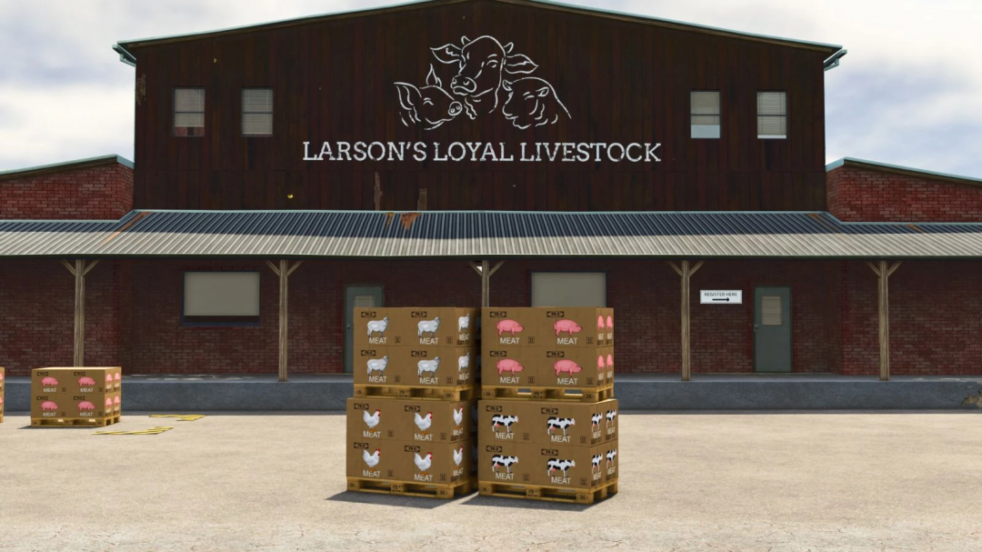 Farming Simulator 25 mod image of Larson's Loyal Livestock butcher shop with pallets of meat, pigs, chickens, and cows in front.