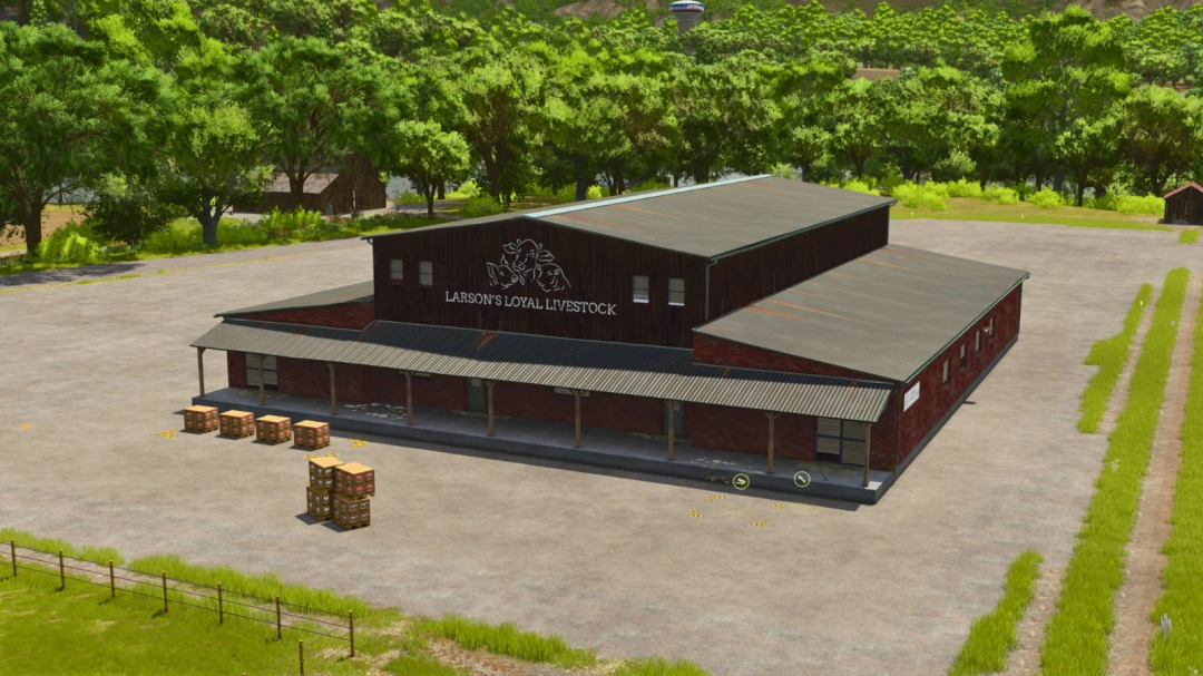 Farming Simulator 25 mod: Butcher Shop v1.0.0.0, a livestock store with a wooden exterior, located in a rural farm setting.