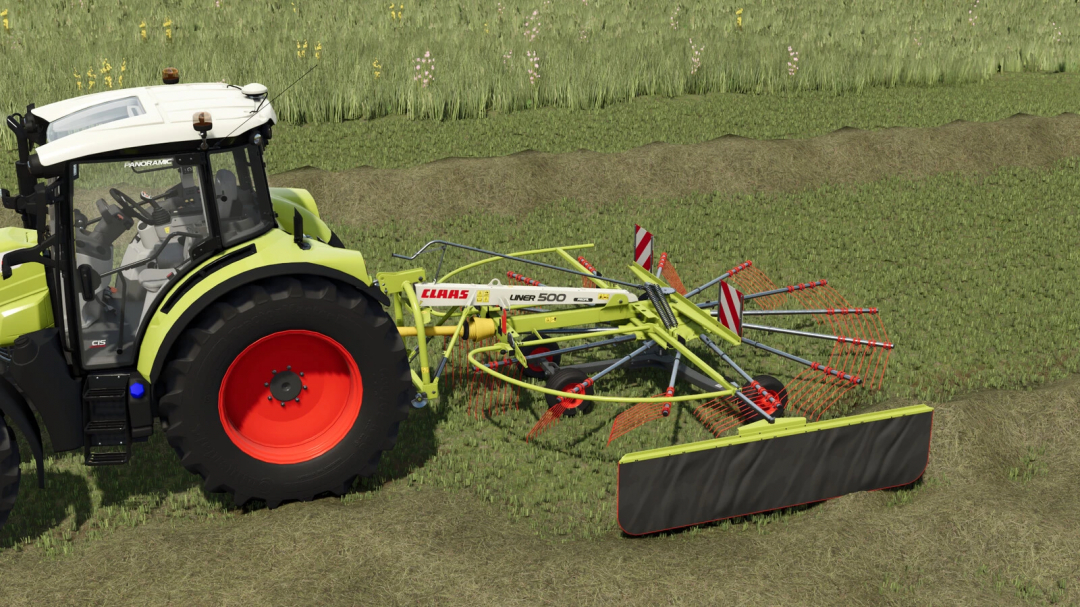 Farming Simulator 25 mod: CLAAS LINER 500 Profi L V1.0.0.0 mounted on a tractor in FS25 game, used for haymaking.