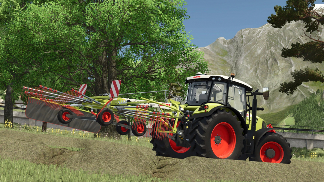 Farming Simulator 25 mod: CLAAS LINER 500 Profi L v1.0.0.0 tractor with a specialized grass and hay rake attachment in a scenic outdoor setting.
