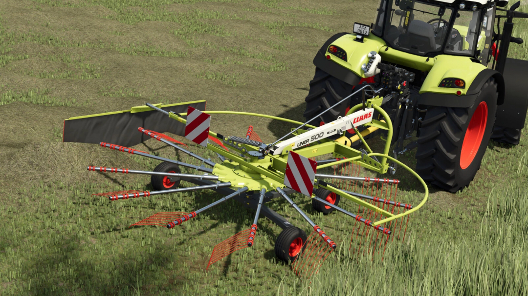 Farming Simulator 25 mods: CLAAS LINER 500 Profi L v1.0.0.0 grass rake attached to a tractor in a field.