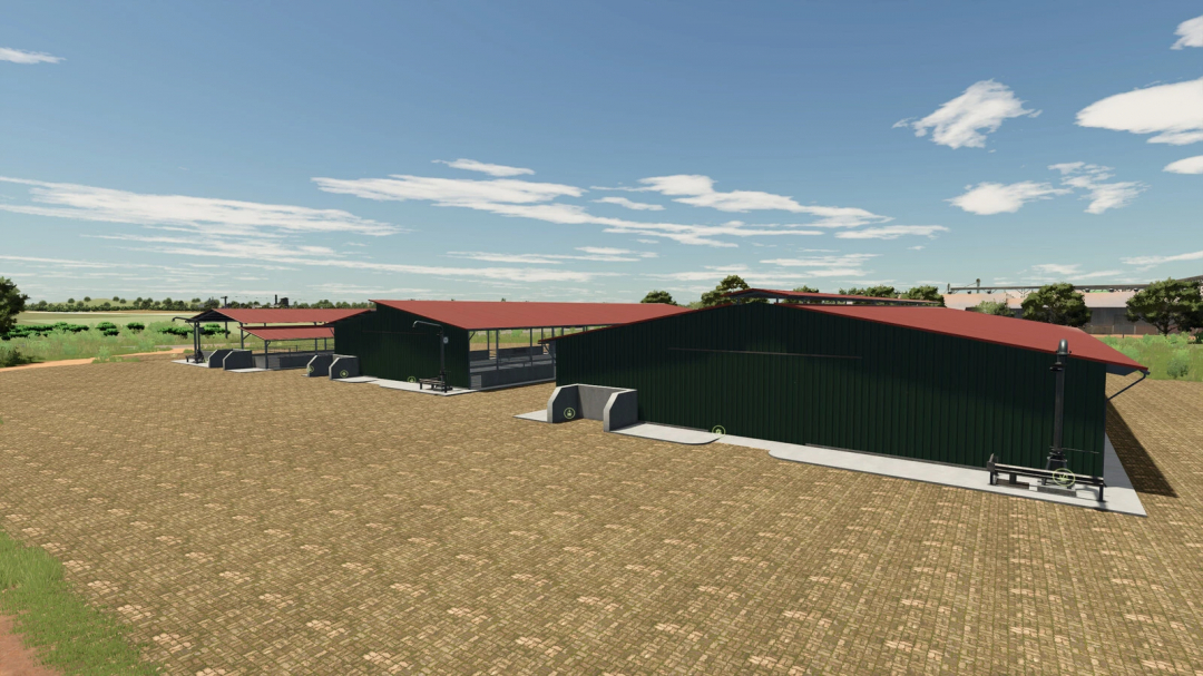 FS25 mods: Cattle Pens For Beef Cattle v1.0.0.0 in Farming Simulator 25 featuring large green cattle pens with red roofs on a farm yard.