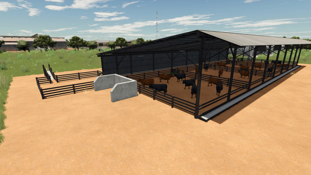Farming Simulator 25 mod: Confining Cows v1.0.0.0, a detailed barn for farming livestock with modern fencing, for FS25 mods.