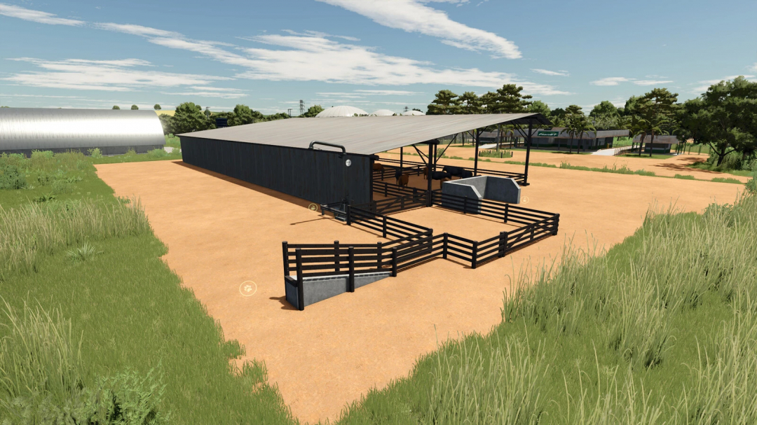 Farming Simulator 25 mod: Confining Cows v1.0.0.0, a large cow enclosure with a black wooden fence and a covered shelter, for agriculture gameplay.