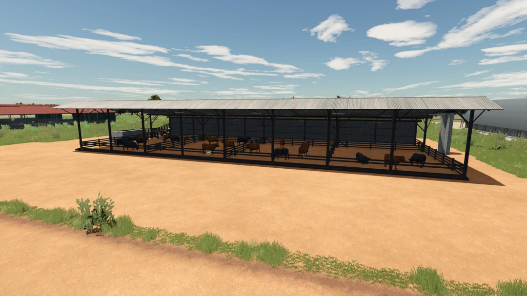 Farming Simulator 25 mod: a cow pen with cows inside, part of the Confining Cows v1.0.0.0 mod for FS25.