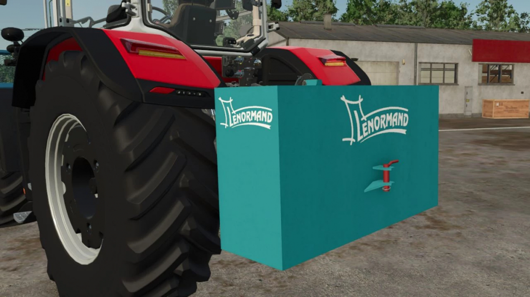 Farming Simulator 25 mod: large counterweight with 'Lenormand' logo attached to tractor for stability.