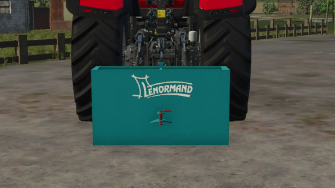 Farming Simulator 25 mod: Counterweight Lenormand v1.0.0.0 attached to a tractor's rear for balanced farming tasks.