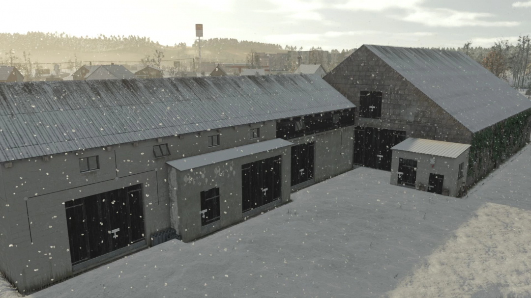 Snow-covered cow barn with garages in Farming Simulator 25, showcasing the Cow Barn With Garages v1.0.0.1 mod for FS25 mods.