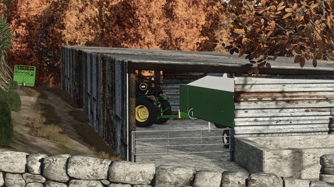 Farming Simulator 25 mods: Cowshed v1.0.0.0, a detailed barn with tractor inside for livestock in FS25 game.