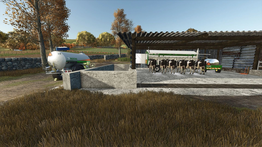 Farming Simulator 25 mods featuring a cowshed with Holstein cows, water tank, and farm equipment for FS25 mods.