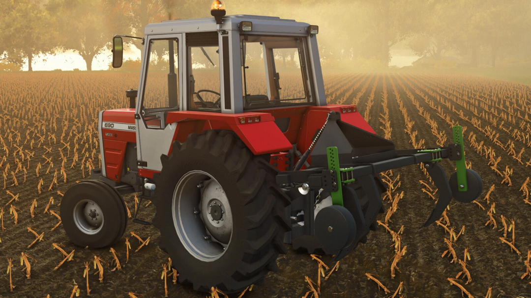 Farming Simulator 25 mod image showing a Massey Ferguson tractor with Cultimar UG4 implement in a harvested field during sunset.