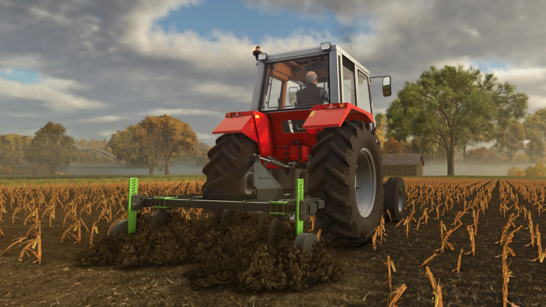 Farming Simulator 25 mod: tractor with cultivator working on a farm field during autumn.
