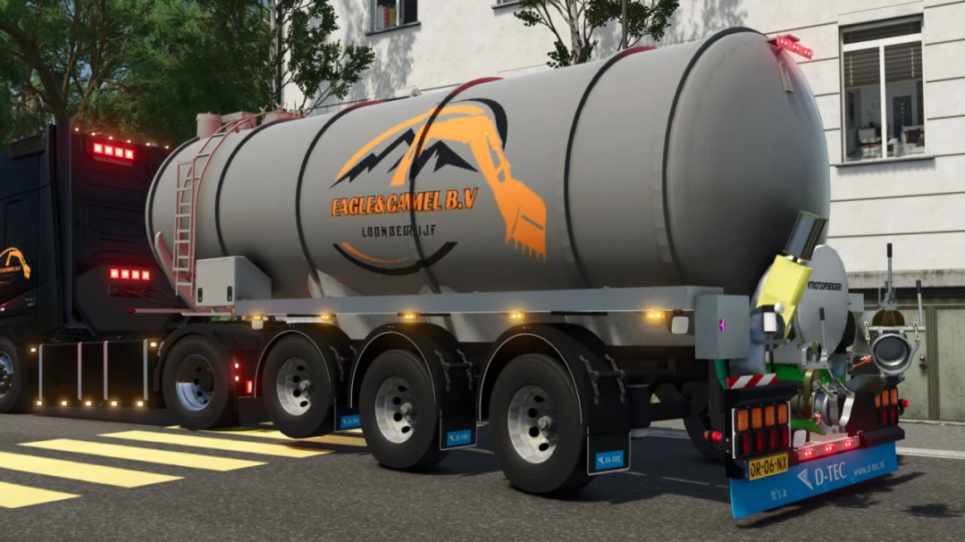 Farming Simulator 25 mod: D-Tec mestoplegger fuel tanker with eagle and camel logo, realistic detailing, suitable for farming logistics.