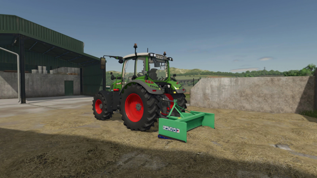 Farming Simulator 25 mod: green tractor with Desvoys Junior Pack attachment for fieldwork and soil preparation, realistic farming equipment.