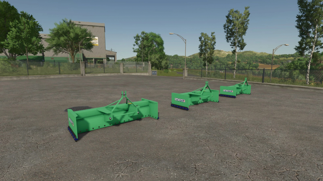 Farming Simulator 25 mods showcasing the Desvoys Junior Pack v1.0.0.0, three green agricultural attachments on a cracked asphalt surface.