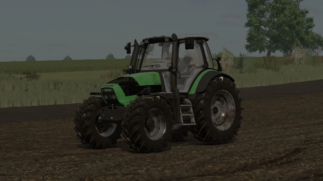 Farming Simulator 25 mod featuring a green and black Deutz Fahr M Series tractor on a farm field.